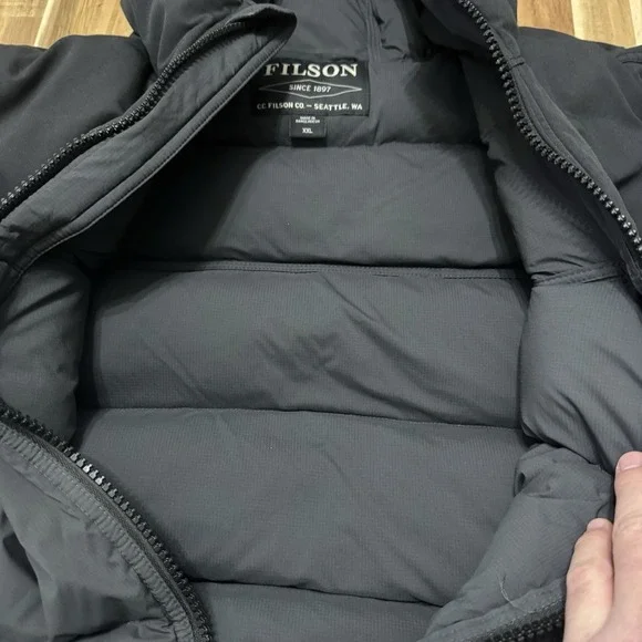 Filson Featherweight Down Jacket Mens 2XL Black Gray Puffer Full Zip Hooded *